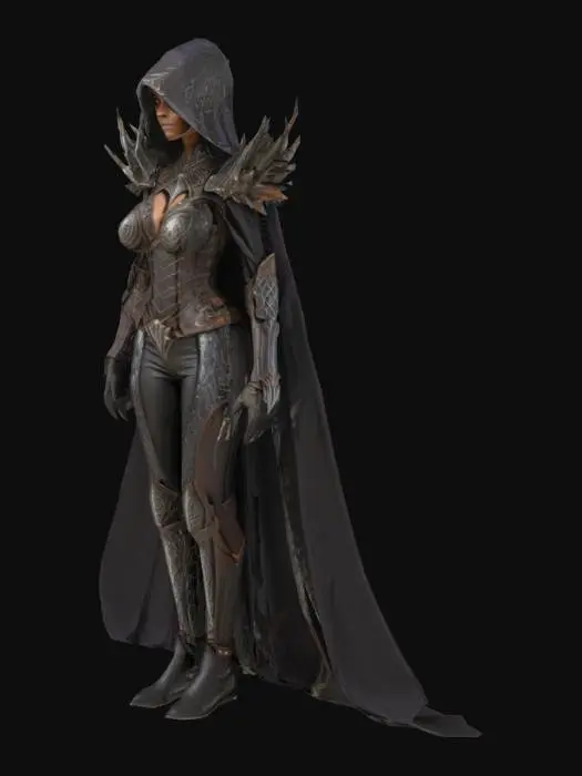 3D model for Model of a female dark elf mage wearing an elegant, intricately detailed costume featuring interconnected metal armor pieces that seamlessly link the chest plate, shoulder guards, and cloak. The cloak is composed of five parallel, flowing bands made from textured reptilian leather, each band subtly embossed with arcane runes glowing faintly with magical energy. The mage's attire combines dark, matte fabrics with polished metal accents, emphasizing both grace and strength. Her posture is regal and confident, with delicate yet sharp facial features typical of dark elves, and her eyes emit a mysterious, ethereal light.