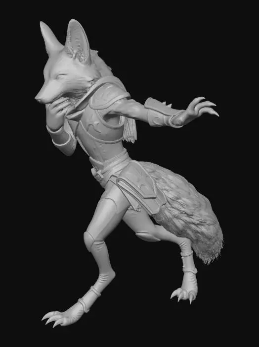 3D model for Fox furry humanoid, digitigrade paws with reversed knees and paw pads, animal hind legs elongated for speed, feral pose mixed with bipedal stance, wearing hide and iron light armor, detailed fur texture, dynamic quadrupedal lean, no human feet, high detail anatomy
