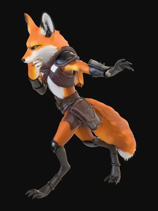 3D model for Fox furry humanoid, digitigrade paws with reversed knees and paw pads, animal hind legs elongated for speed, feral pose mixed with bipedal stance, wearing hide and iron light armor, detailed fur texture, dynamic quadrupedal lean, no human feet, high detail anatomy