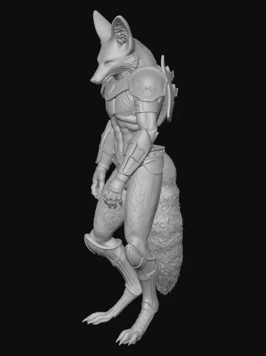 3D model for Fox furry humanoid, digitigrade paws with reversed knees and paw pads, animal hind legs elongated for speed, feral pose mixed with bipedal stance, wearing hide and iron light armor, detailed fur texture, dynamic quadrupedal lean, no human feet, high detail anatomy