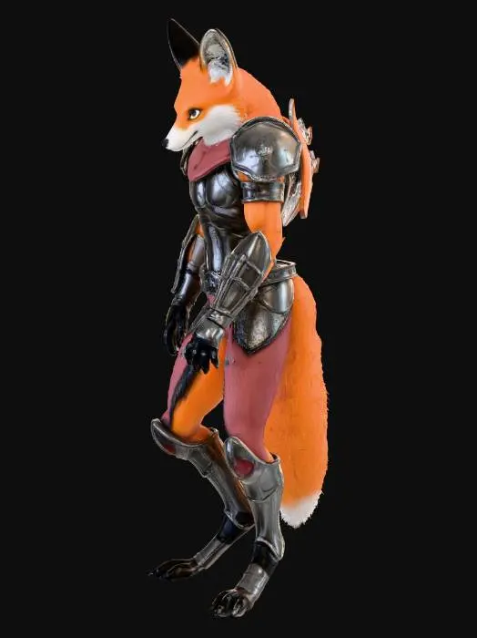 3D model for Fox furry humanoid, digitigrade paws with reversed knees and paw pads, animal hind legs elongated for speed, feral pose mixed with bipedal stance, wearing hide and iron light armor, detailed fur texture, dynamic quadrupedal lean, no human feet, high detail anatomy