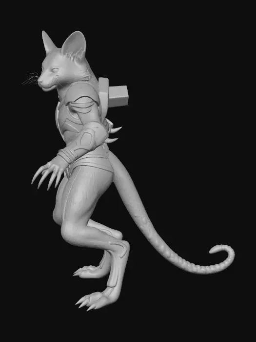 3D model for Cat furry humanoid, digitigrade paws with reversed knees and paw pads, animal hind legs elongated for speed, feral pose mixed with bipedal stance, wearing hide and iron light armor, detailed fur texture, dynamic quadrupedal lean, no human feet, high detail anatomy