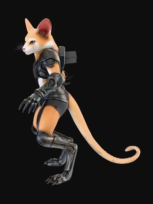 3D model for Cat furry humanoid, digitigrade paws with reversed knees and paw pads, animal hind legs elongated for speed, feral pose mixed with bipedal stance, wearing hide and iron light armor, detailed fur texture, dynamic quadrupedal lean, no human feet, high detail anatomy