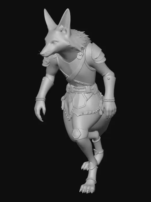 3D model for Fox furry humanoid, digitigrade paws with reversed knees and paw pads, animal hind legs elongated for speed, feral pose mixed with bipedal stance, wearing hide and iron light armor, detailed fur texture, dynamic bipedal lean, no human feet, high detail anatomy