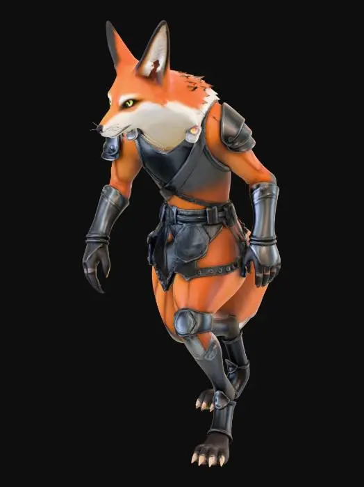 3D model for Fox furry humanoid, digitigrade paws with reversed knees and paw pads, animal hind legs elongated for speed, feral pose mixed with bipedal stance, wearing hide and iron light armor, detailed fur texture, dynamic bipedal lean, no human feet, high detail anatomy