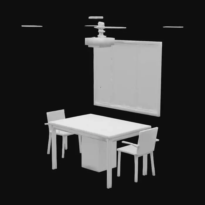 3D model for please create a simple interrogation room, this is for a first person view, there should be a table in the middle, and a chair for the player and the interrogator, in view of the player, there should be a flashing red camera in the top left, and the right wall should be a one way glass, behind the interogator, there should be a door, and a neon green exit sign