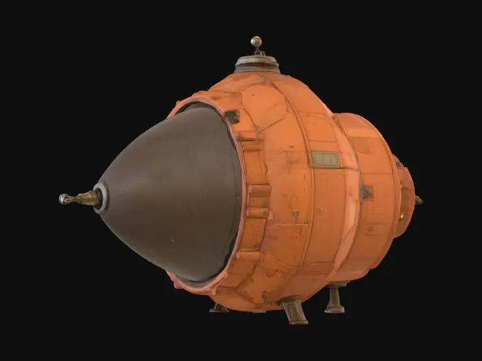 3D model for Surreal space capsule on mars, hand-drawn illustration style, Rusty Lake vibes, sketchbook texture, cel shaded, black outlines, flat colors, muted vintage color palette, simple geometry, 2D look, odd and quirky.