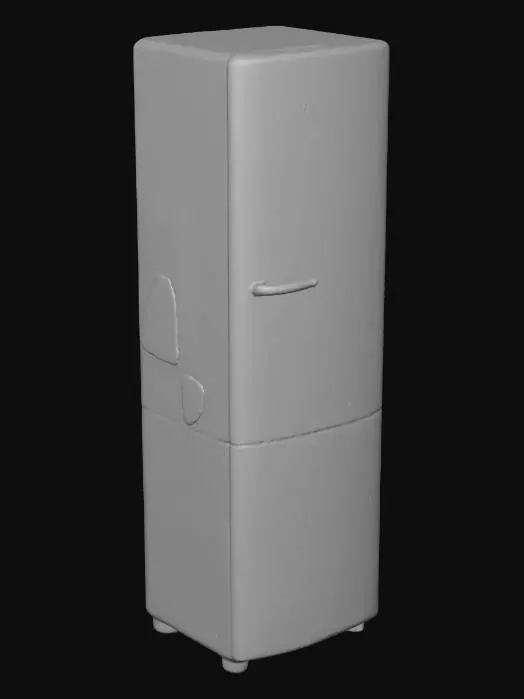 3D model for 冰箱，意大利生产，外轮廓柔和，颜色为浅蓝色（主体）和白色，上下开门，门把手和logo是银制金属色，把手在冰箱门的右侧。整体风格为手绘sketch简约风。冰箱较高，有四只脚。