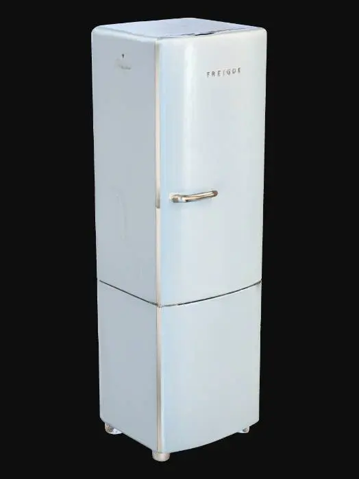 3D model for 冰箱，意大利生产，外轮廓柔和，颜色为浅蓝色（主体）和白色，上下开门，门把手和logo是银制金属色，把手在冰箱门的右侧。整体风格为手绘sketch简约风。冰箱较高，有四只脚。