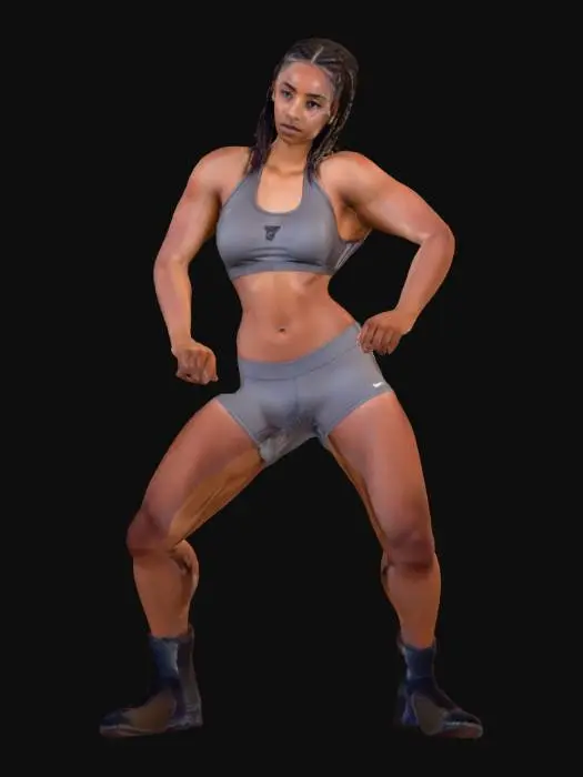 3D model for African athletic woman in her early twenties with deep dark skin with spots, black cornrows, brown coloured eyes, medium chest, wearing a grey sports bra and grey tight shorts, and socks