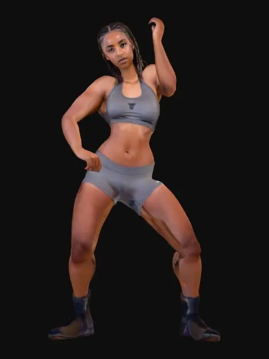 3D model for African athletic woman in her early twenties with deep dark skin with spots, black cornrows, brown coloured eyes, medium chest, wearing a grey sports bra and grey tight shorts, and socks
