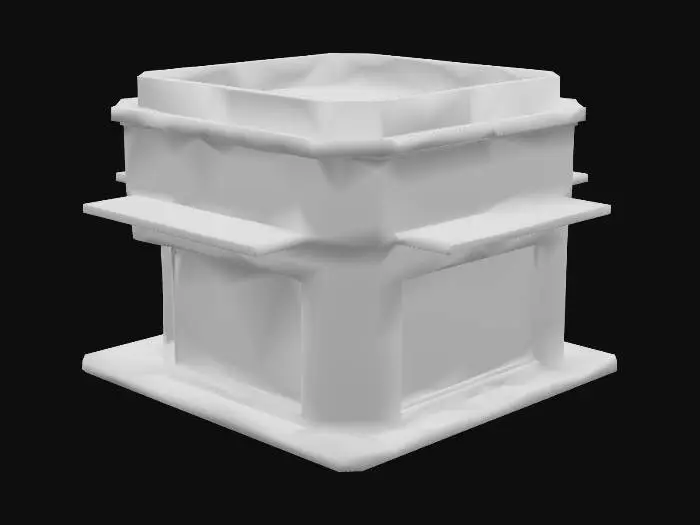 3D model for A modern-style miniature boutique store, characterized by its clean lines and angular glass-like facade. This 3D printable model features a sleek, minimalist cubic structure with large, flat panels designed to represent expansive windows, suggesting a smooth, untextured surface for clarity. The entrance is a recessed alcove, and the roof is flat, with a slight lip. The overall impression is of a polished, unadorned material, ready for vibrant or monochrome coloring.