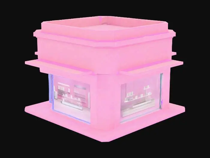 3D model for A modern-style miniature boutique store, characterized by its clean lines and angular glass-like facade. This 3D printable model features a sleek, minimalist cubic structure with large, flat panels designed to represent expansive windows, suggesting a smooth, untextured surface for clarity. The entrance is a recessed alcove, and the roof is flat, with a slight lip. The overall impression is of a polished, unadorned material, ready for vibrant or monochrome coloring.