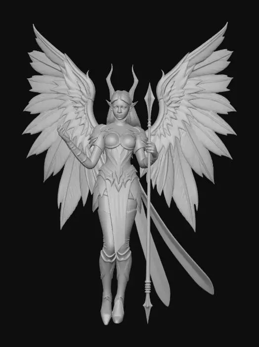 3D model for Stwórz kobietę archanioła mającą 3 pary wielkich czarnych skrzydeł mieniących się ciemno błękitnymi runami, ma ona kolor skóry mrocznego elfa, czerwone oczy i dzierży spiczastą długą włócznię wyglądającą na artefakt (nie ma być basic) nosi ona czarną zbroję mieniącą się również ciemno błękitnymi runami.