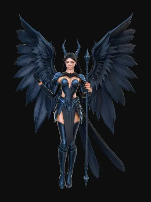 3D model for Stwórz kobietę archanioła mającą 3 pary wielkich czarnych skrzydeł mieniących się ciemno błękitnymi runami, ma ona kolor skóry mrocznego elfa, czerwone oczy i dzierży spiczastą długą włócznię wyglądającą na artefakt (nie ma być basic) nosi ona czarną zbroję mieniącą się również ciemno błękitnymi runami.