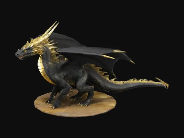 3D model for Dragon with the following.
Scales:
The body is covered in textured scales in shades of black and gold
Spikes:
Sharp, golden spikes run along the back and possibly the tail
Build:
A large head, long neck, broad shoulders, thick legs, and a powerful tail. 
Wings:
Large wings that allow for flight 
Coloration:
The overall coloration is likely dark with golden accents, possibly with some variation in shading and pattern.
