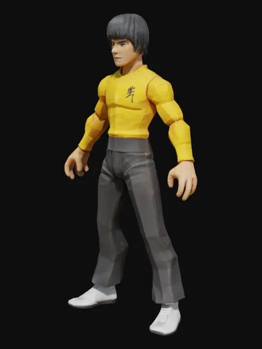3D model for Create a very detailed mattel action figure of  Bruce Lee standing in A -pose wearing bruce lee attire. The attire wraps around the entire body. The character should have a muscular lean build typical of bruce lee just like a mattel action figure, Ensure character includes highly detailed hands with separated fingers and detailed facial features, Ensure character is not wearing a hat.  Plastic toy, very realistic, highly detailed