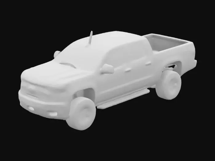 3D model for Grey Chevrolet Silverado 1500 trail Boss, the truck has black rims and black grill, and black bumper.