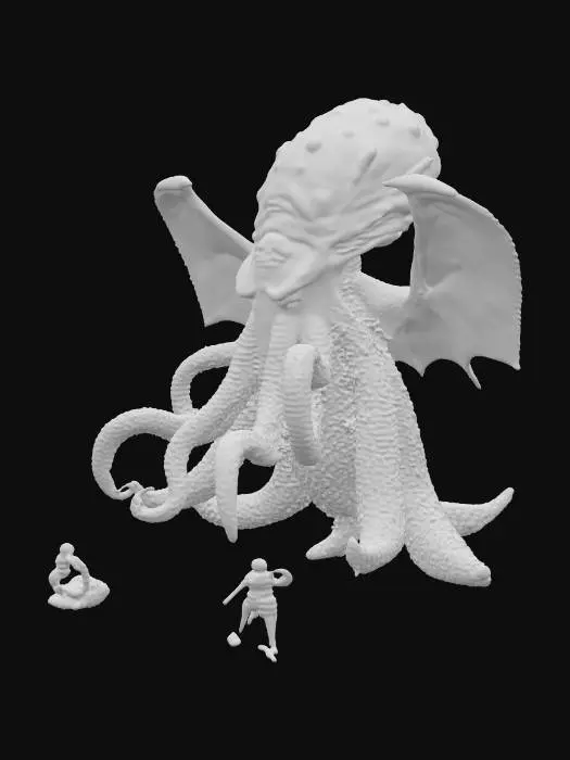 3D model for A detailed 3D model of Cthulhu, the ancient cosmic entity from H.P. Lovecraft's Cthulhu Mythos. It features a massive, octopus-like head with writhing tentacles covering the mouth, a bloated and scaly humanoid body with elongated limbs ending in massive claws, and enormous bat-like wings sprouting from its back. The creature is posed in a menacing stance, as if awakening from slumber in dark, eldritch ruins under a stormy, otherworldly sky. Style: realistic dark fantasy, high-poly with intricate textures, green-tinted skin, glowing red eyes, atmospheric fog and slime effects for horror vibe.