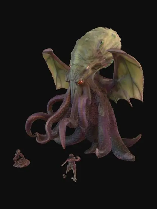 3D model for A detailed 3D model of Cthulhu, the ancient cosmic entity from H.P. Lovecraft's Cthulhu Mythos. It features a massive, octopus-like head with writhing tentacles covering the mouth, a bloated and scaly humanoid body with elongated limbs ending in massive claws, and enormous bat-like wings sprouting from its back. The creature is posed in a menacing stance, as if awakening from slumber in dark, eldritch ruins under a stormy, otherworldly sky. Style: realistic dark fantasy, high-poly with intricate textures, green-tinted skin, glowing red eyes, atmospheric fog and slime effects for horror vibe.