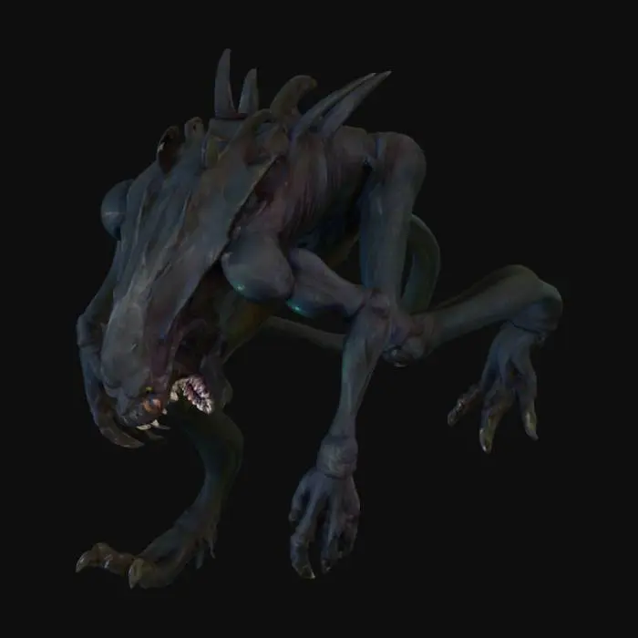 3D model for A monstrous, four-legged creature with a hunched, powerful stance and elongated, gnarled limbs ending in razor-sharp talons. Its skin is a diseased, iridescent black, leathery and riddled with pulsating, vein-like ridges and pockmarks, giving it a slimy, yet rigid texture. A gaping maw filled with rows of needle-like teeth dominates its skull, which lacks discernible eyes, suggesting an unnatural form of perception.