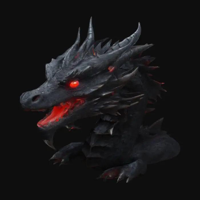3D model for A fierce, black-scaled dragon head with glowing red eyes, roaring with sharp fangs exposed. Its massive curved horns, rugged armor-like scales, and powerful claws add to its intimidating presence. A long, spiked tail wraps in heavy, weathered chains. The stormy environment with rain and mist enhances its dark, mythical aura. Focus on detailed textures, realistic chains, and a menacing expression