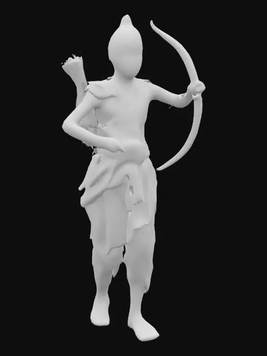 3D model for “A young Indian mythological warrior inspired by Abhimanyu from Mahabharata, wearing traditional dhoti and chest armor, with a quiver of arrows on his back, holding a wooden bow, standing on a dusty ancient battlefield, intense facial expression, warpaint on his forehead, surrounded by ancient soldiers in the background, cinematic lighting, heroic pose, realistic 3D game character style”