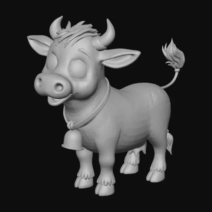 3D model for An adorably cute Friesian cow with little horns and a cow bell in cartoon game style fully textured. The cow bell must be patina metal, cow color patched black and white with black tail and hair.