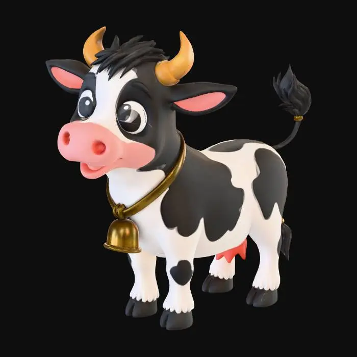 3D model for An adorably cute Friesian cow with little horns and a cow bell in cartoon game style fully textured. The cow bell must be patina metal, cow color patched black and white with black tail and hair.