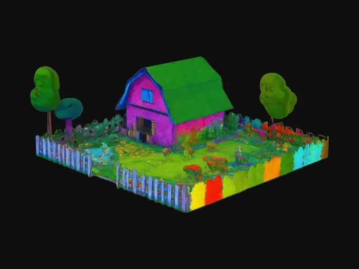 3D model for very colorful 2d picture of a farm pasture