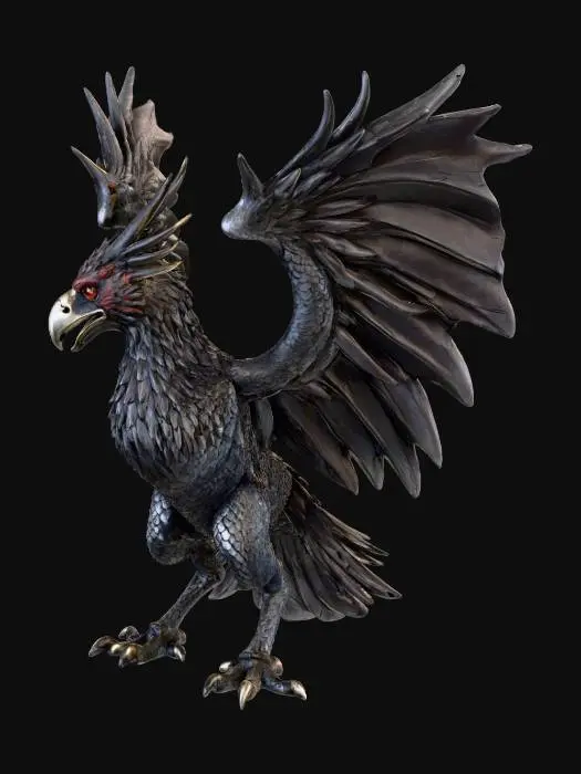 3D model for Un grifone guerriero in stile fantasy, con scaglie dure e metalliche che proteggono il torso leonino di colore grigio scuro e le zampe artigliate. Le ali sono corazzate, con piume rigide e bordi affilati color ardesia. La testa aquilina presenta creste ossee e un becco rinforzato, con occhi che brillano di un rosso intenso, emanando ferocia.