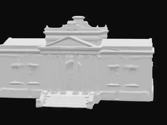 3D model for The Belweder Palace in Warsaw showcases a highly detailed neoclassical architectural style, emphasizing symmetry and elegance. The facade features a central pediment adorned with intricate reliefs, supported by Ionic columns. The roofline includes a gently sloping structure topped with a decorative balustrade. Windows are proportionally aligned, framed with subtle ornamentation. White exterior reflects the building's historical authenticity, complemented by finely modeled surrounding greenery.