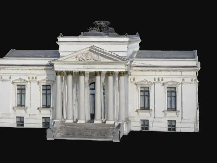 3D model for The Belweder Palace in Warsaw showcases a highly detailed neoclassical architectural style, emphasizing symmetry and elegance. The facade features a central pediment adorned with intricate reliefs, supported by Ionic columns. The roofline includes a gently sloping structure topped with a decorative balustrade. Windows are proportionally aligned, framed with subtle ornamentation. White exterior reflects the building's historical authenticity, complemented by finely modeled surrounding greenery.