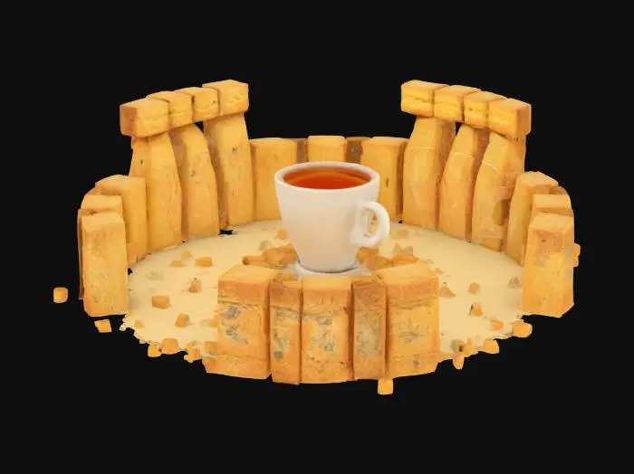 3D model for [Stonehenge] an abstract circle, instead of stones there are biscuits, and inside there is a cup of tea , #AroundTheWorld#