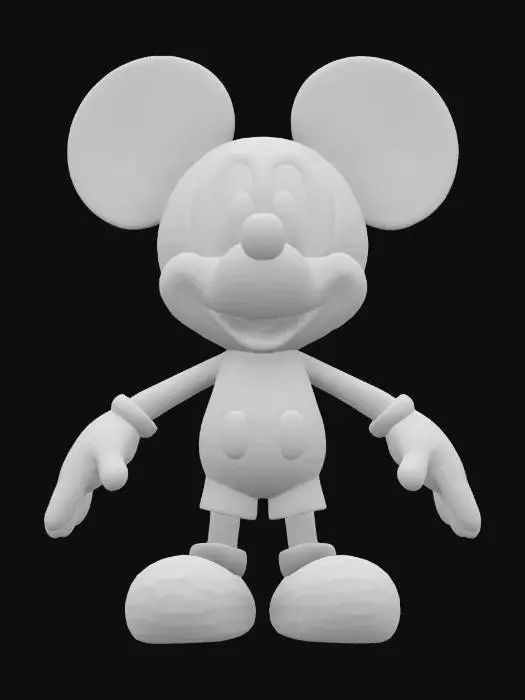 3D model for Create a high-quality 3D model of Mickey Mouse, the iconic Disney character. The model should have smooth, rounded features, large circular ears, and an expressive face with big, bright eyes. Use classic colors: black body, red shorts with two white buttons, yellow oversized shoes, and white gloves. Maintain a cartoonish, soft-shaded style, T-pose