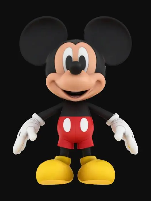 3D model for Create a high-quality 3D model of Mickey Mouse, the iconic Disney character. The model should have smooth, rounded features, large circular ears, and an expressive face with big, bright eyes. Use classic colors: black body, red shorts with two white buttons, yellow oversized shoes, and white gloves. Maintain a cartoonish, soft-shaded style, T-pose