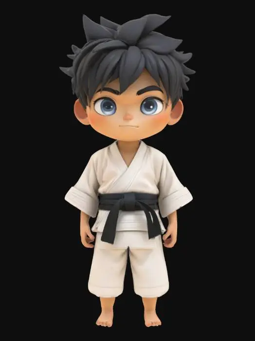 3D model for [Japan] Cartoon character of a boy, wearing a traditional white Judo kimono with a black belt tied around his waist., Stylized Anime #AroundTheWorld#