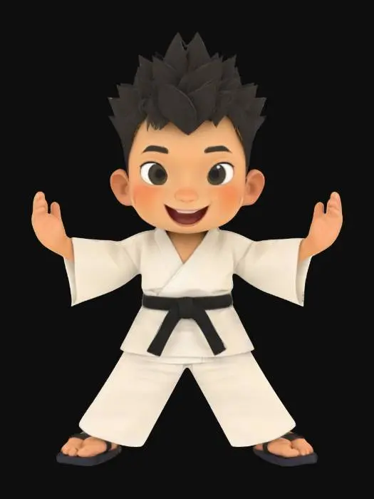 3D model for [Japan] A-pose cartoon character of a boy, wearing a traditional white Judo kimono with a black belt tied around his waist., #AroundTheWorld#