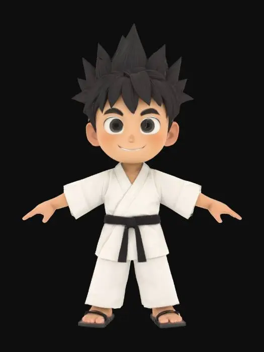 3D model for [Japan] A-pose cartoon character of a boy, wearing a traditional white Judo kimono with a black belt tied around his waist., Stylized Anime #AroundTheWorld#