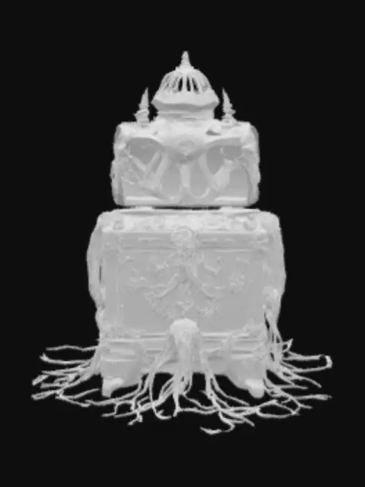 3D model for Magiczna czarna skrzynia dla zwycięzcy, ozdobiona złotymi ornamenrami, oplątana jest cybenetycznymi świecącymi na zielono kablami, przypominające prawdziwe korzenie. Nagroda jest najbardziej prestiżowa skrzynia jaką można zdobyć. Styl surrealistyczne. 