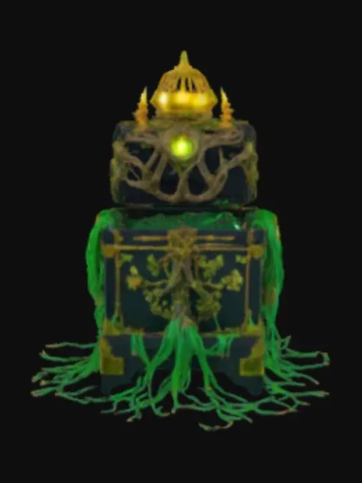 3D model for Magiczna czarna skrzynia dla zwycięzcy, ozdobiona złotymi ornamenrami, oplątana jest cybenetycznymi świecącymi na zielono kablami, przypominające prawdziwe korzenie. Nagroda jest najbardziej prestiżowa skrzynia jaką można zdobyć. Styl surrealistyczne. 