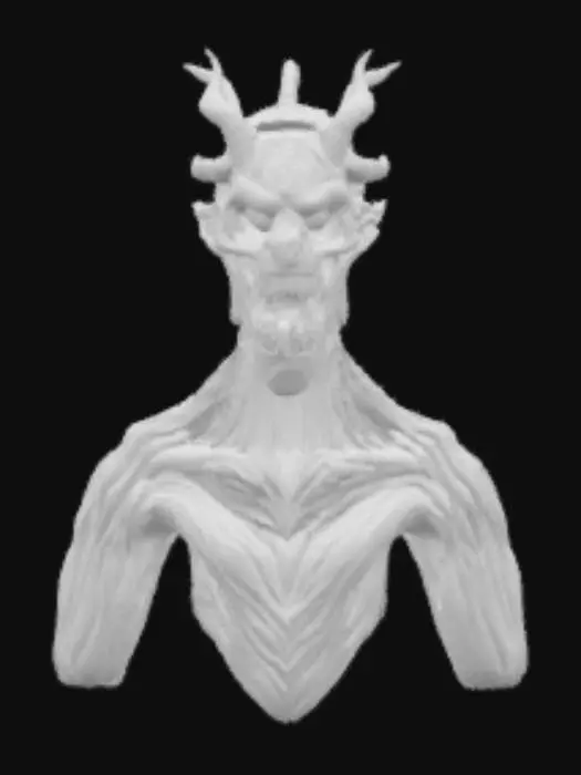 3D model for Abstrakcyjny, surrealistyczny styl rzeźby (posągu) czarnego omena, z dziwnej czarnej materii z emitujacymi czerwonym światłem kreslarskimi liniami wzdłuż ciała tworząc arcydzieło. Grozę wprowadza paszcza z ostrymi wielkimi kłami, oraz psychodeliczny, przeszywający czerwonymi oczami wzrok. 