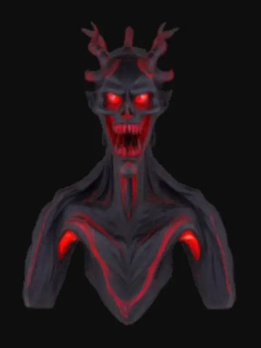 3D model for Abstrakcyjny, surrealistyczny styl rzeźby (posągu) czarnego omena, z dziwnej czarnej materii z emitujacymi czerwonym światłem kreslarskimi liniami wzdłuż ciała tworząc arcydzieło. Grozę wprowadza paszcza z ostrymi wielkimi kłami, oraz psychodeliczny, przeszywający czerwonymi oczami wzrok. 