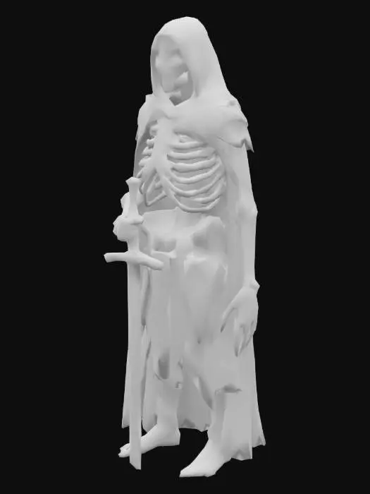 3D model for Un squelette avec des os sombres et craquelés, portant une armure rouillée. Il tient une épée usée dans une main, et ses orbites vides brillent d’une lumière maléfique