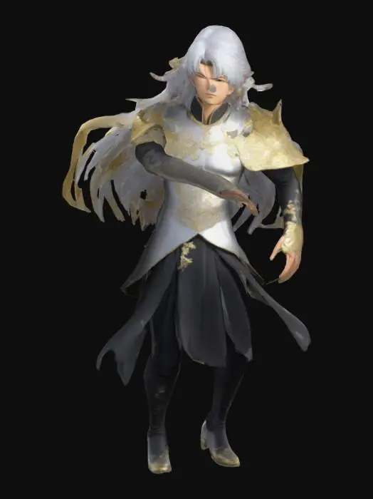 3D model for 以完美世界动漫中的石昊的至尊小金人为人物模型，以下为具体要求一位银发男子，发丝柔顺且有飘逸感，发间有简约发饰点缀。面部轮廓立体，眼眸深邃，神情平静。身着具有金属质感的服饰，上身服饰以黑色和金色为主，带有复杂的金色花纹和装饰，肩部有独特的护肩设计，整体风格偏向古风玄幻，展现出一种冷峻且神秘的气质 ，人物的动作需要帅气