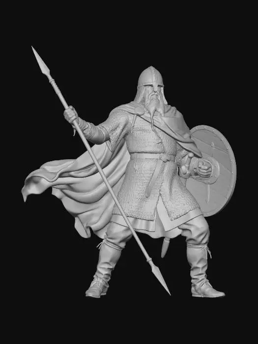 3D model for A heroic Viking warrior standing in a powerful pose, holding a spear and a round wooden shield. 
He wears a steel helmet, chainmail armor, leather boots and a flowing red cloak. 
He has long red hair, a thick beard, and a strong muscular build. 
Dramatic cloudy sky in the background, cinematic lighting, epic atmosphere.

Style of a 19th century romantic oil painting, realistic proportions, highly detailed textures,
natural fabric folds, weathered metal, painterly brush strokes, museum-quality artwork.