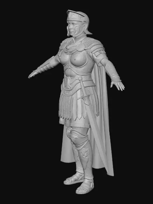 3D model for A formidable Roman imperial war leader, embodying law, duty, and order, stands with a controlled posture and commanding presence in a triumphal architectural space. She wears detailed Roman legionary armor adorned with a crimson cloak and golden insignia featuring imperial symbols. Rendered in epic realism, ultra-detailed, with dramatic cinematic lighting that accentuates her restrained power and authoritative demeanor, inspired by the grandeur of historical epics and the artistry of classical sculptures and paintings.