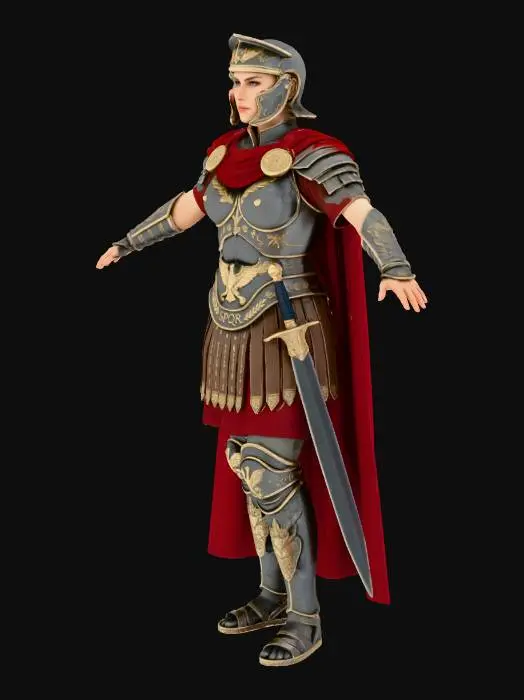 3D model for A formidable Roman imperial war leader, embodying law, duty, and order, stands with a controlled posture and commanding presence in a triumphal architectural space. She wears detailed Roman legionary armor adorned with a crimson cloak and golden insignia featuring imperial symbols. Rendered in epic realism, ultra-detailed, with dramatic cinematic lighting that accentuates her restrained power and authoritative demeanor, inspired by the grandeur of historical epics and the artistry of classical sculptures and paintings.