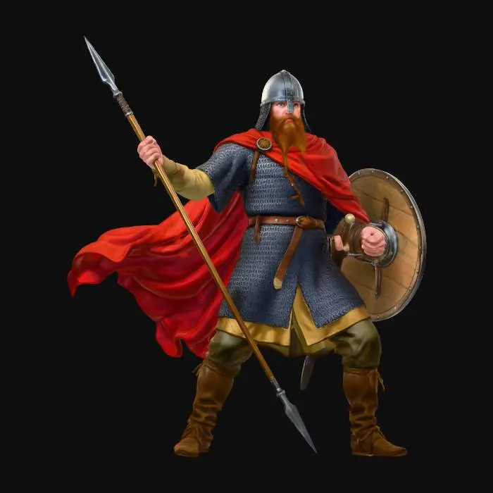 3D model for A heroic Viking warrior standing in a powerful pose, holding a spear and a round wooden shield. 
He wears a steel helmet, chainmail armor, leather boots and a flowing red cloak. 
He has long red hair, a thick beard, and a strong muscular build. 
Dramatic cloudy sky in the background, cinematic lighting, epic atmosphere.

Style of a 19th century romantic oil painting, realistic proportions, highly detailed textures,
natural fabric folds, weathered metal, painterly brush strokes, museum-quality artwork.