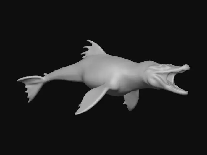 3D model for Generate a mosasaur with its mouth open showcasing its array of teeth.  This mosasaur will exist in space rather than the ocean. The creature is symmetric and will be used for modeling. Keep the fins and tail straight.